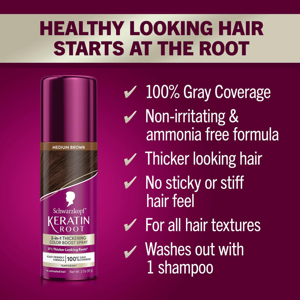 Schwarzkopf Keratin Color Root Spray applied to dry hair for seamless blend