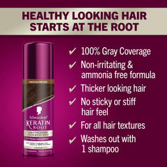 Schwarzkopf Keratin Color Root Spray applied to dry hair for seamless blend