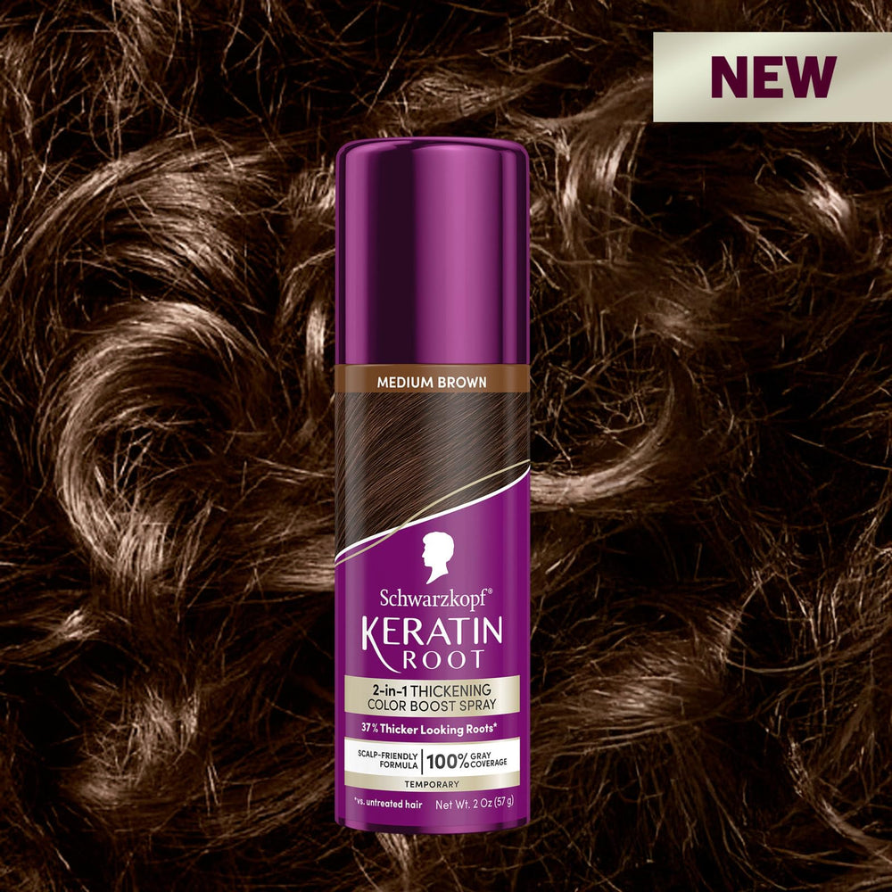 Schwarzkopf Keratin Color Root Spray delivers instant gray coverage and fast drying