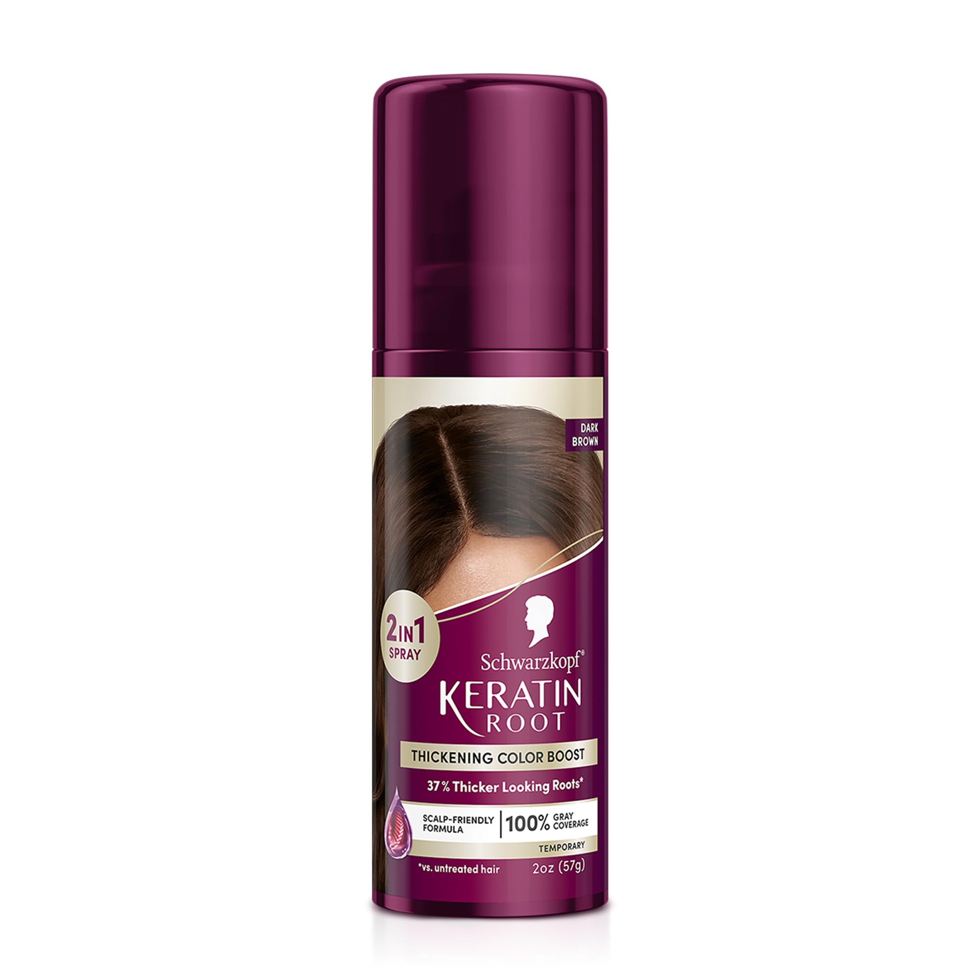 Schwarzkopf Keratin Root Spray provides dark brown coverage for seamless gray concealment