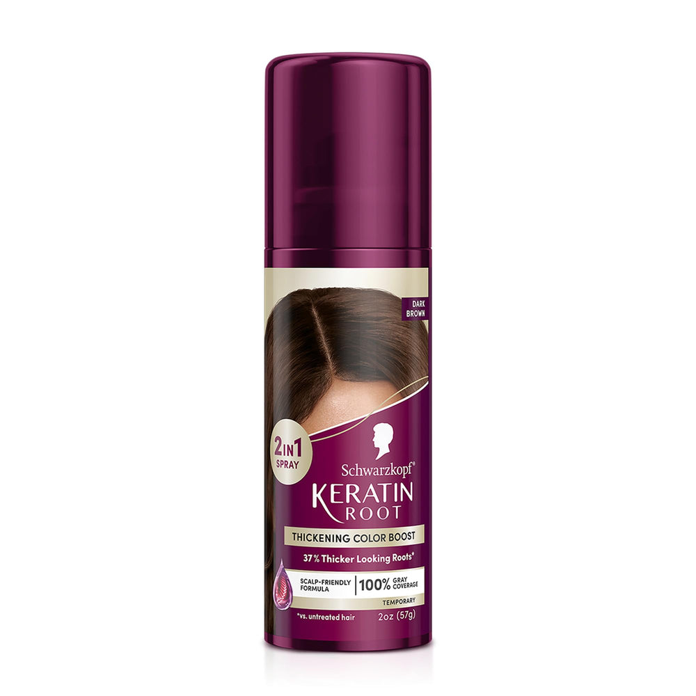 Schwarzkopf Keratin Root Spray provides dark brown coverage for seamless gray concealment