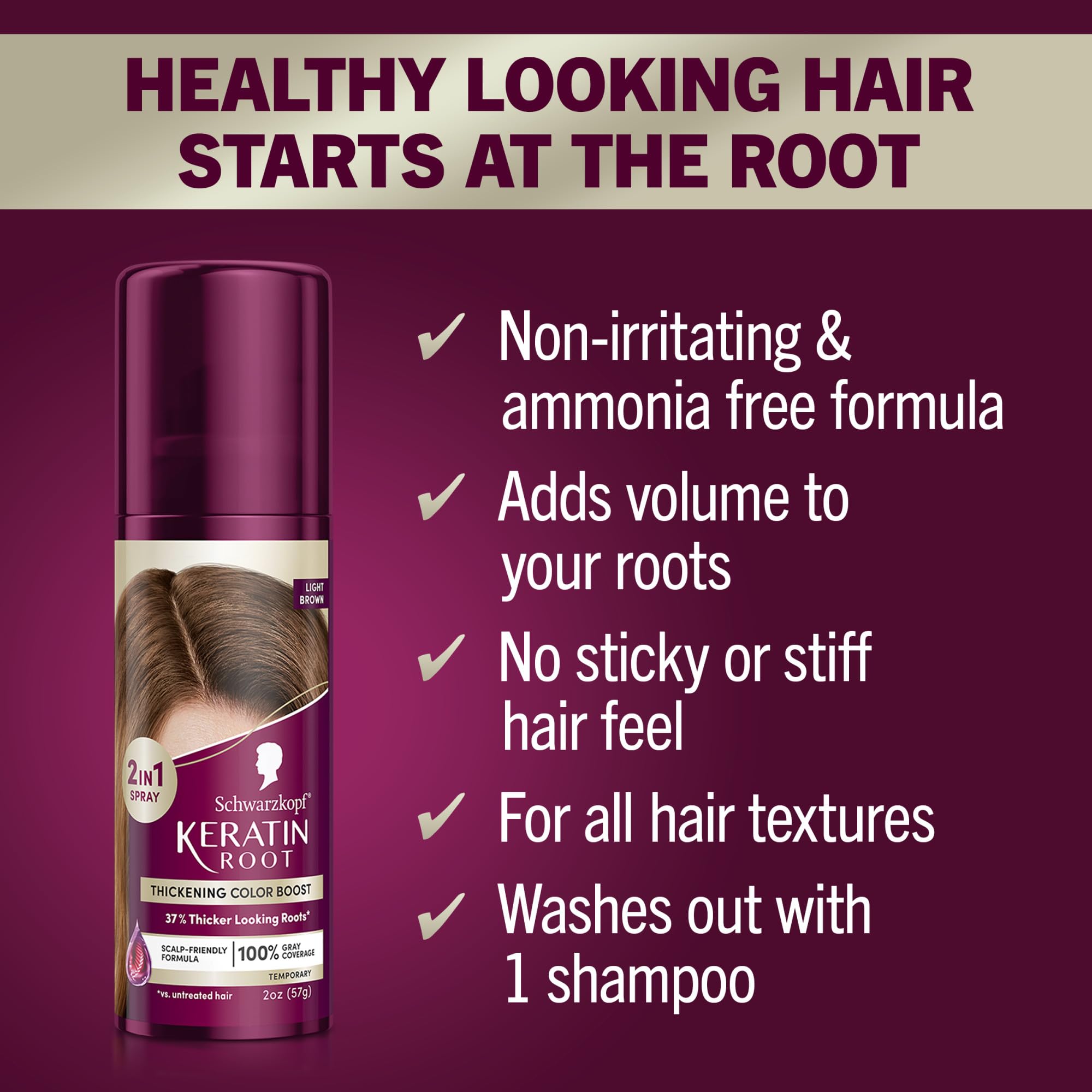 Schwarzkopf Keratin Root Spray targets roots with precision for mess-free touch-ups.