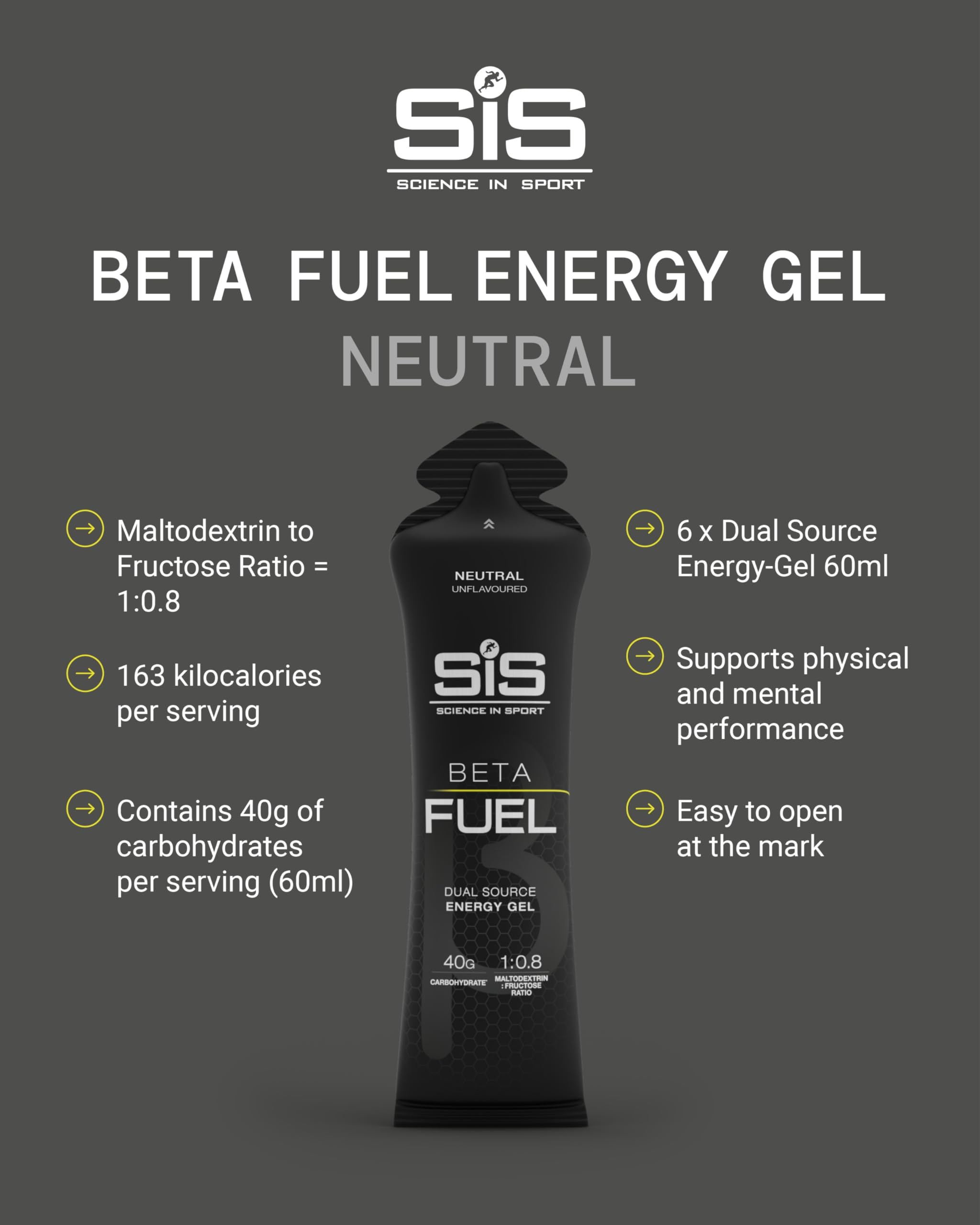 Science in Sport BETA Fuel Gel fast-absorbing formula supports quick energy during races.