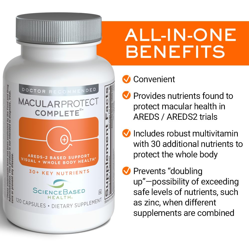 ScienceBased Health MacularProtect Complete bottle label highlights AREDS 2 nutrients and 30+ ingredients.