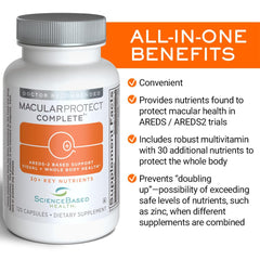 ScienceBased Health MacularProtect Complete bottle label highlights AREDS 2 nutrients and 30+ ingredients.