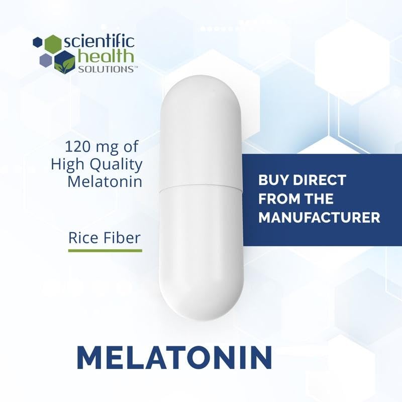 Scientific Health Solutions Melatonin capsules show a precise 120mg dose in vegan, gluten-free capsules.