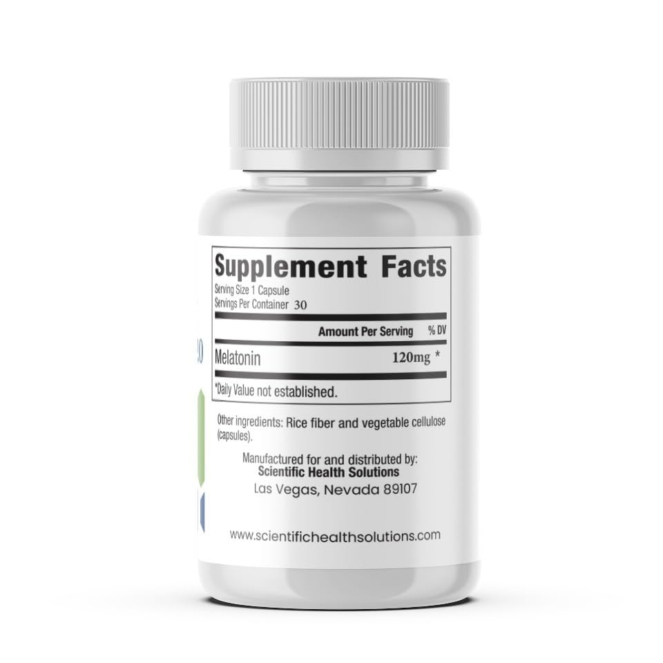 Scientific Health Solutions Melatonin bottle label highlights US-made production and high-purity formula.