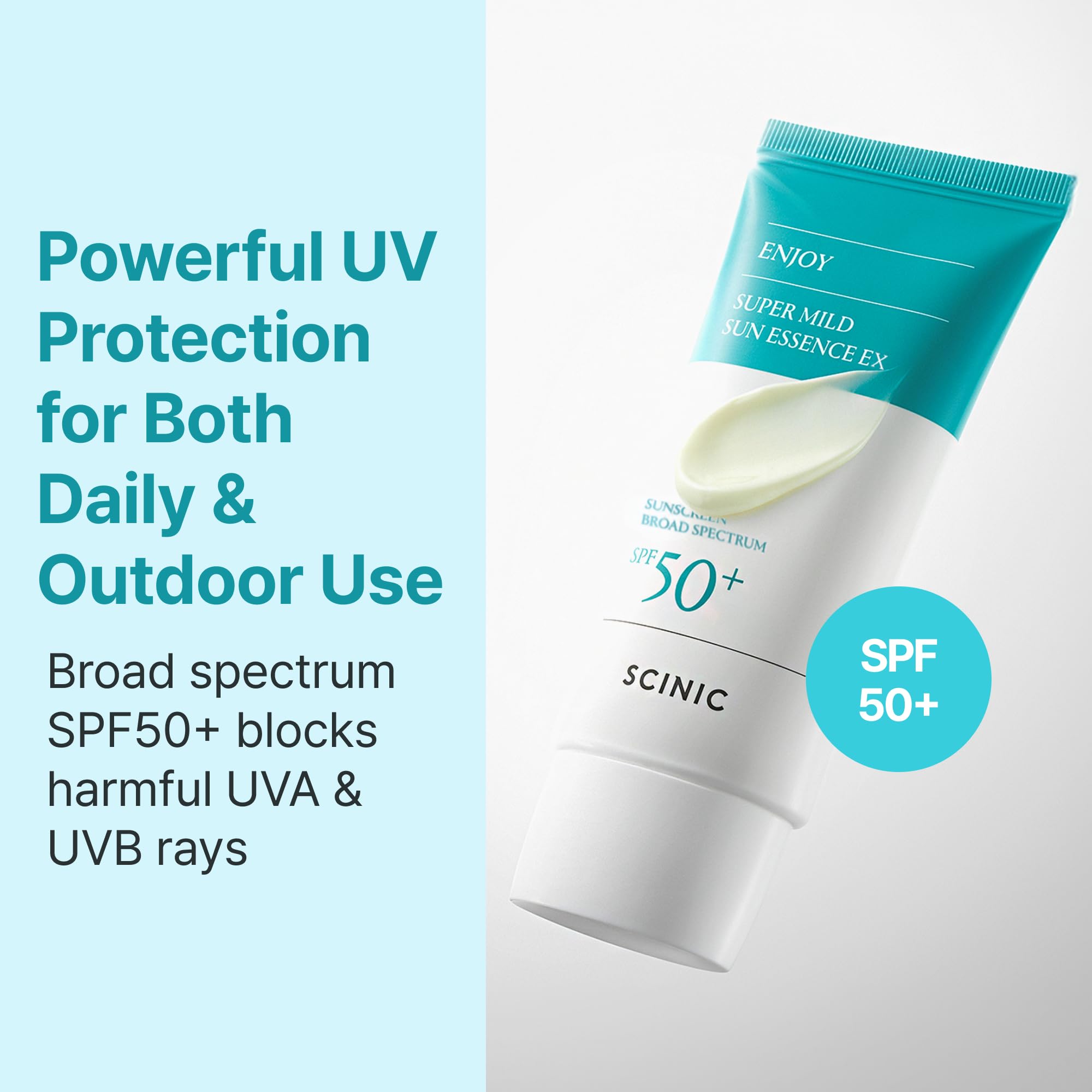 SCINIC Enjoy Super Mild Sun Essence EX dispense cap for easy, mess-free application.