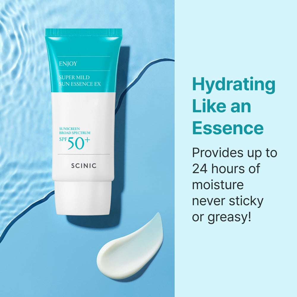 SCINIC Enjoy Super Mild Sun Essence EX SPF 50+ label indicating protective performance.