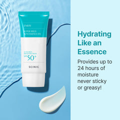 SCINIC Enjoy Super Mild Sun Essence EX SPF 50+ label indicating protective performance.