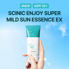 SCINIC Enjoy Super Mild Sun Essence EX texture on skin showing quick absorption.