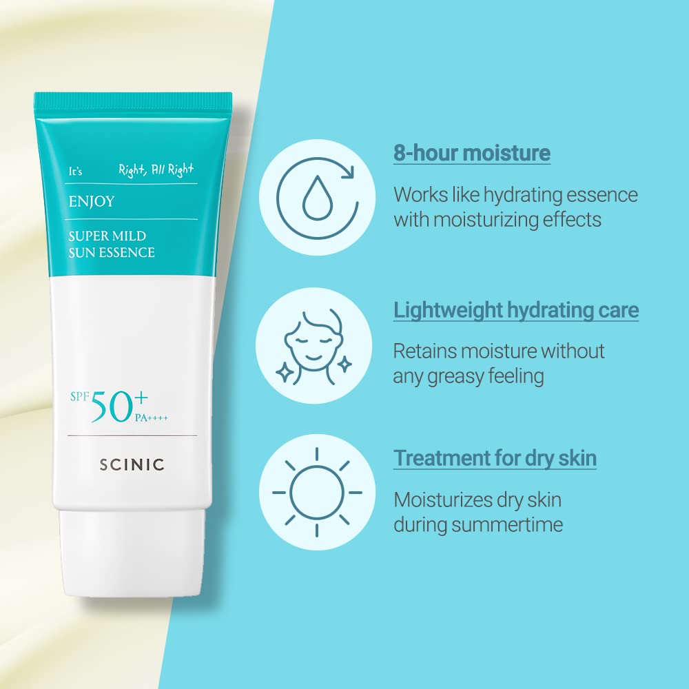 SCINIC Enjoy Super Mild Sun Essence ingredients include soy protein and hyaluronic acid for balanced moisture.