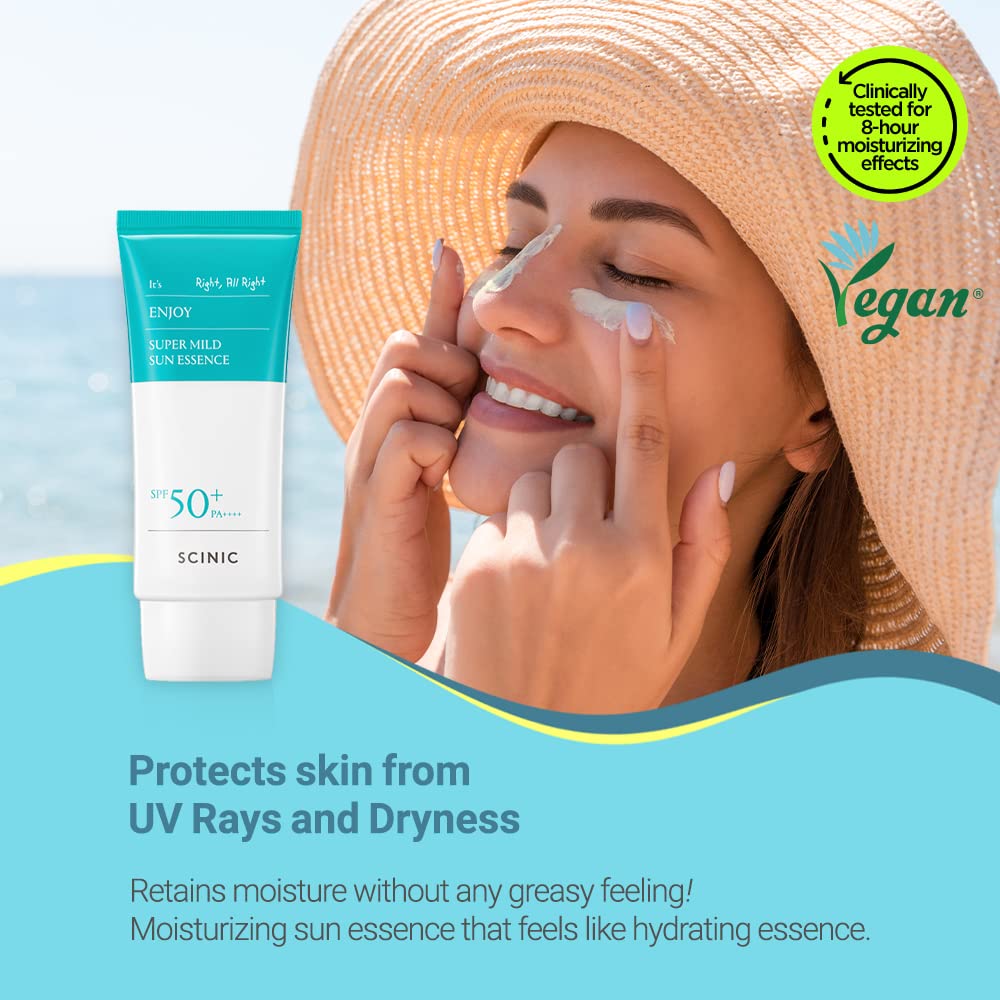 SCINIC Enjoy Super Mild Sun Essence liquid texture ideal for non-greasy hydration.