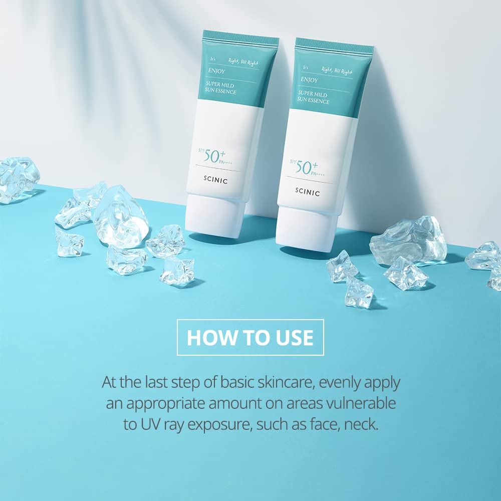 SCINIC Enjoy Super Mild Sun Essence used as a light, hydrating makeup base.
