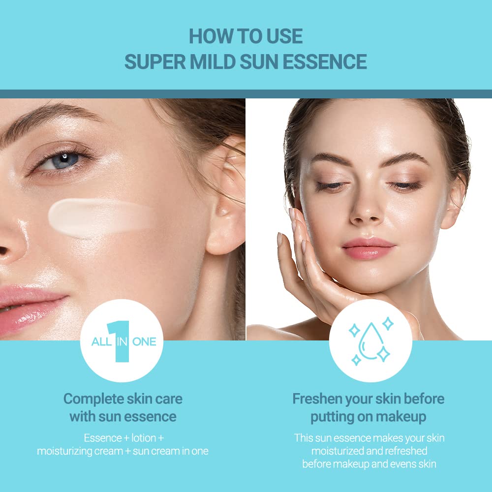 SCINIC Enjoy Super Mild Sun Essence SPF50+ PA++++ offers strong sun defense.