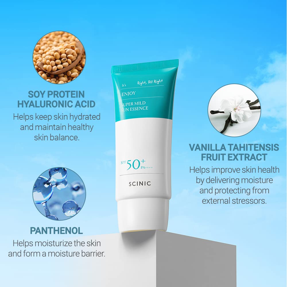 SCINIC Enjoy Super Mild Sun Essence vegan-certified formula from a trusted seal.