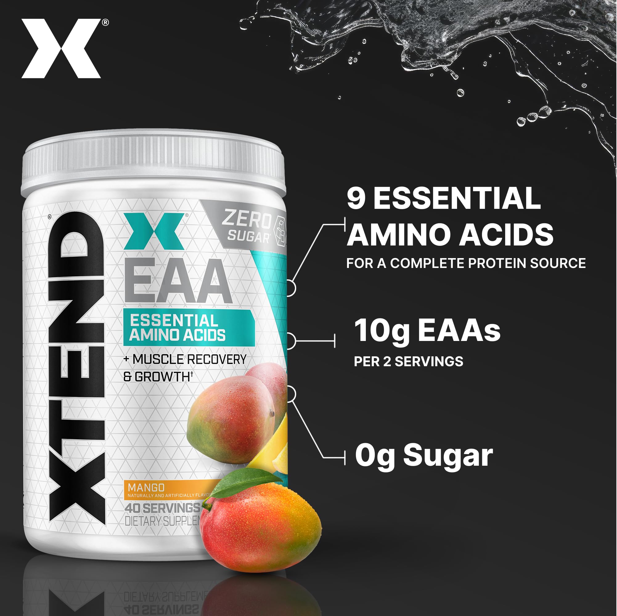 Xtend EAA mango powder in glass for refreshing intra-workout mix
