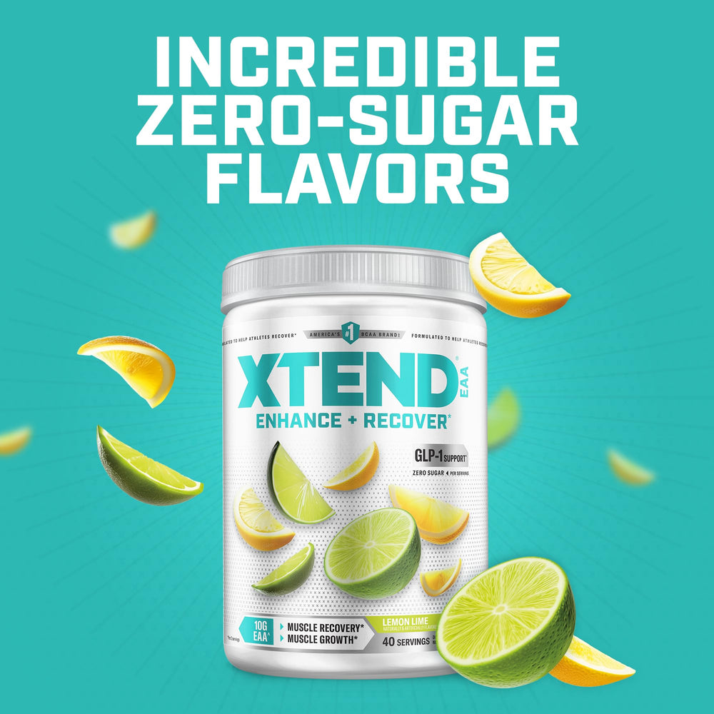 Scivation Xtend Lemon Lime bottle beside glass and shaker for versatile intra-workout use.