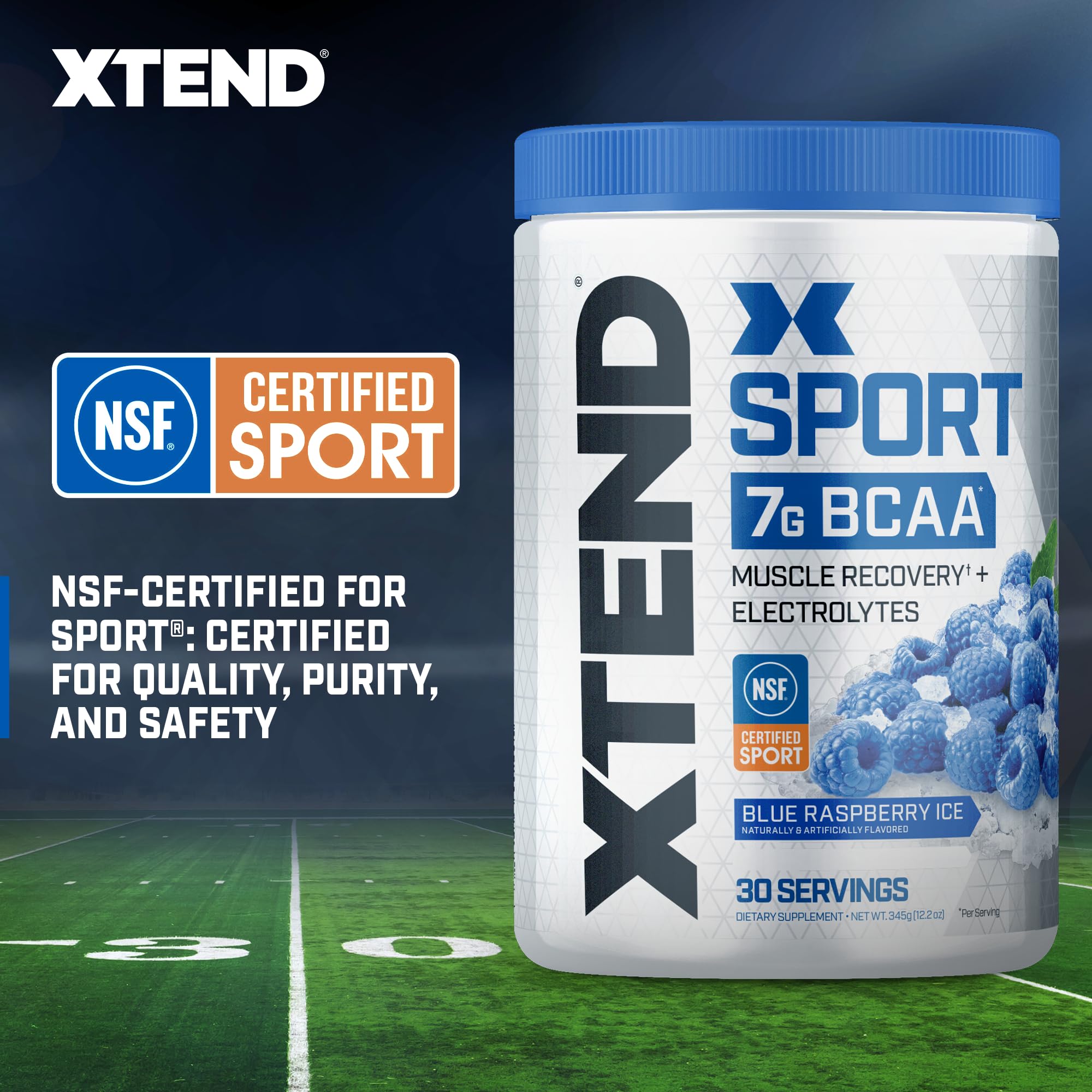XTEND Sport Blue Raspberry Ice appears vibrant in glass with a clean taste.