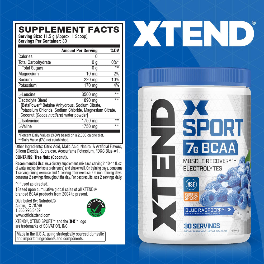 XTEND Sport Blue Raspberry Ice powder dissolves easily for quick hydration during workouts.