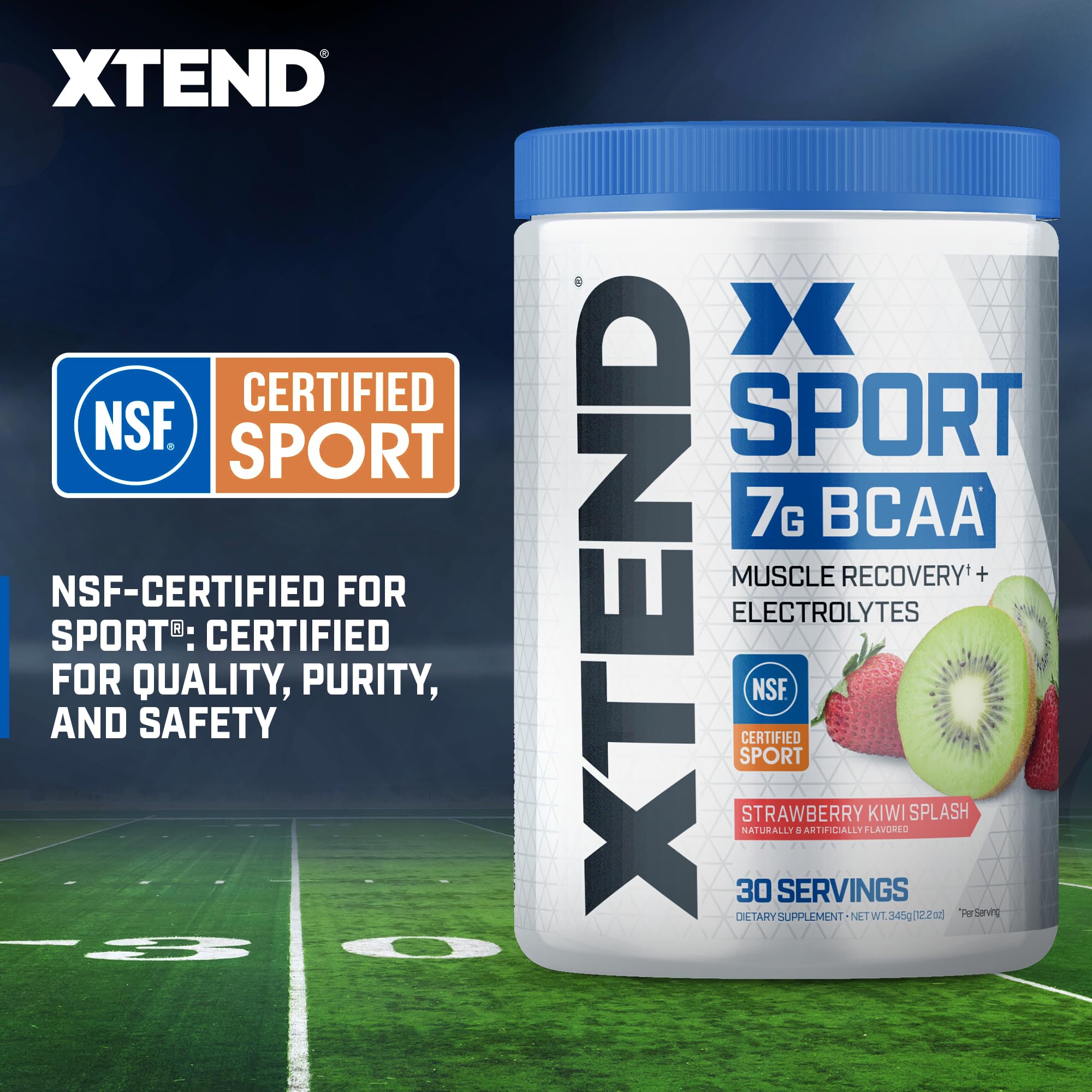 Close-up of the NSF Certified for Sport badge on XTEND Sport packaging