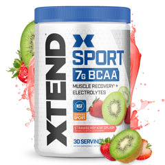 Scivation XTEND Sport Strawberry Kiwi Splash tub showing flavor label and lean recovery potential