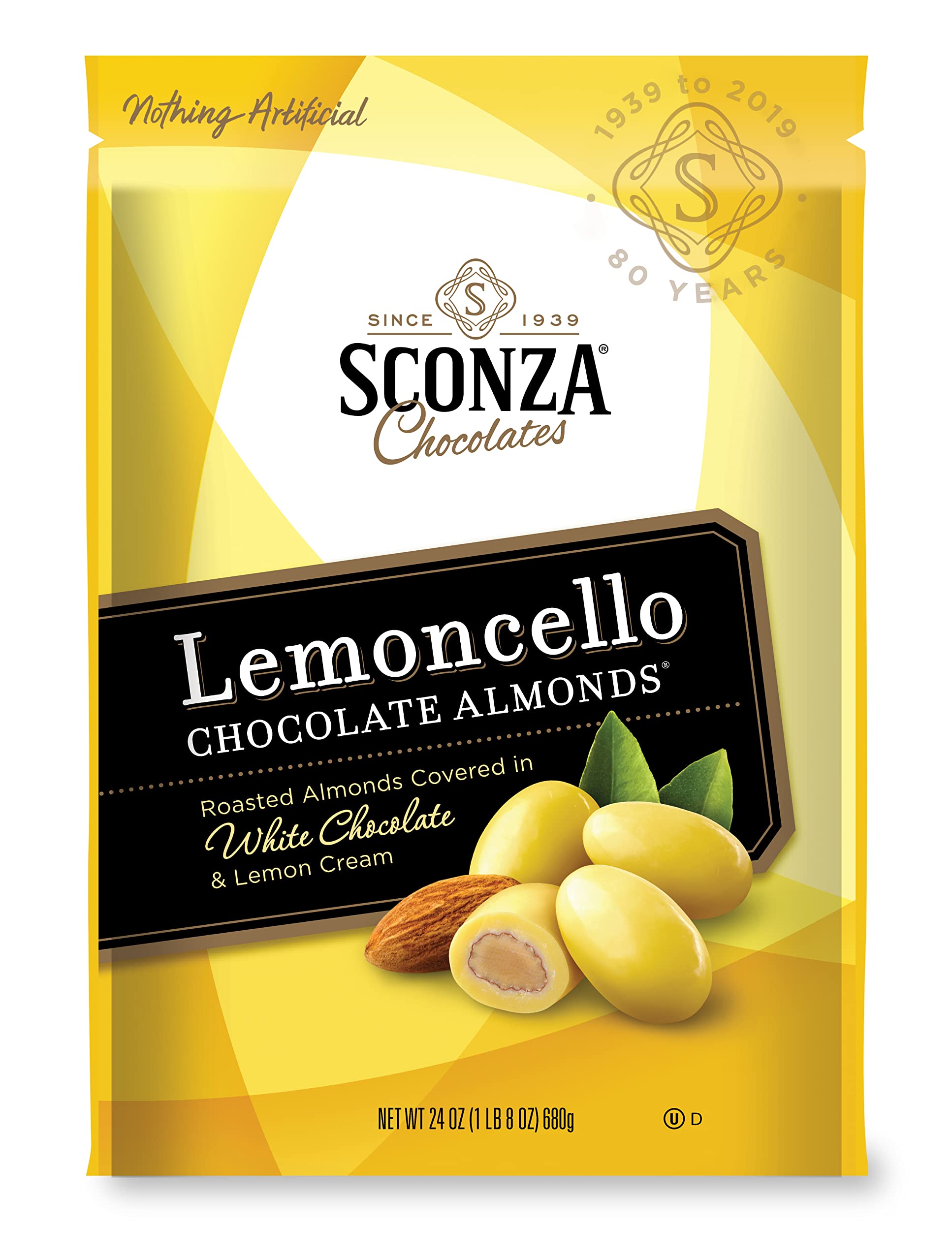 Sconza Lemoncello almonds front-pack display for gifting and tasting.