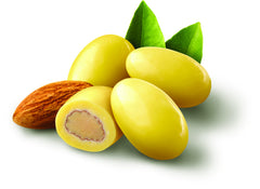 Sconza Lemoncello white chocolate dusting on almonds closeup.