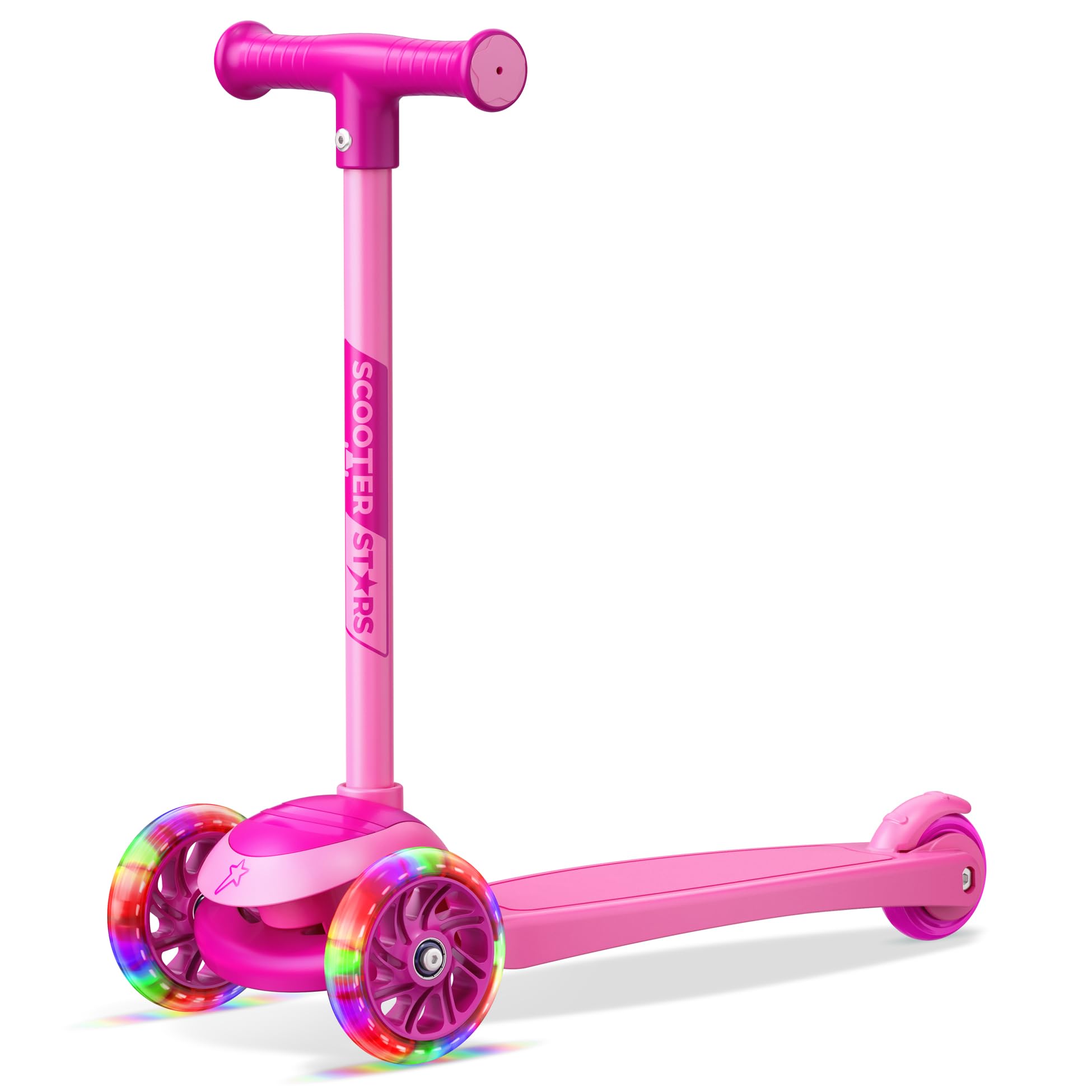 Scooter Stars pink LED wheels front illuminate during rides for better visibility.