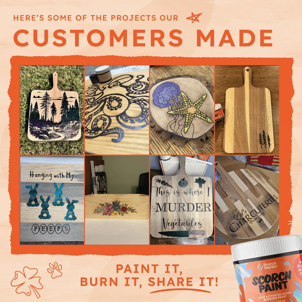 Sample wood designs using Scorch Marker Paint showcase diverse creative possibilities.