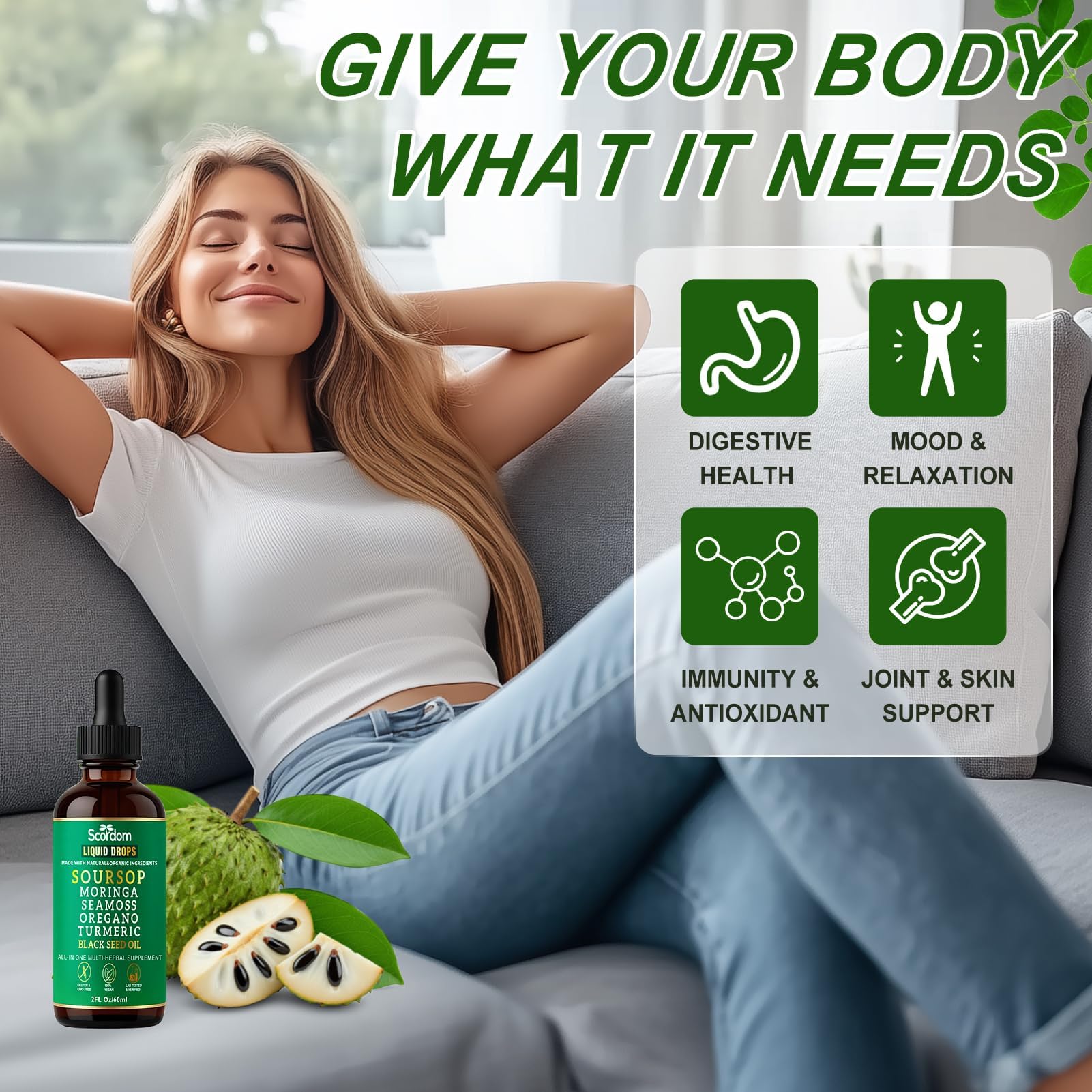 SCORDOM Soursop Bitters ingredients scene with Sea Moss Turmeric and herbs