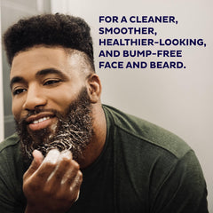 Close-up of microcrystalline granules exfoliating skin beneath the beard.