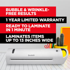 Scotch TL1302X warms up in about one minute for faster laminating sessions.