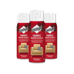 Scotchgard fabric protector spray application on sofa, repelling liquids and preventing stains.