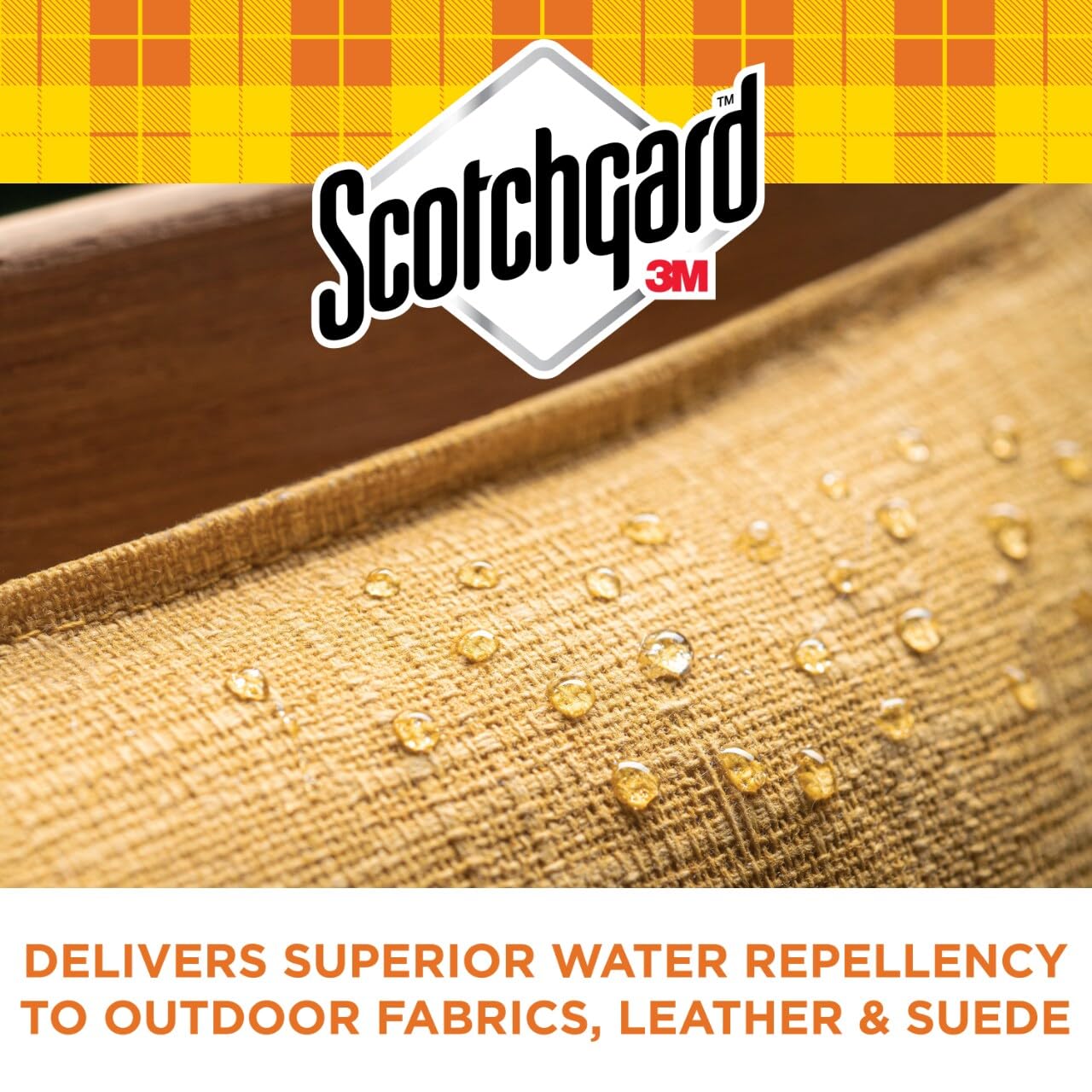 Beading water on treated fabric demonstrates Scotchgard Water & Sun Shield repellency