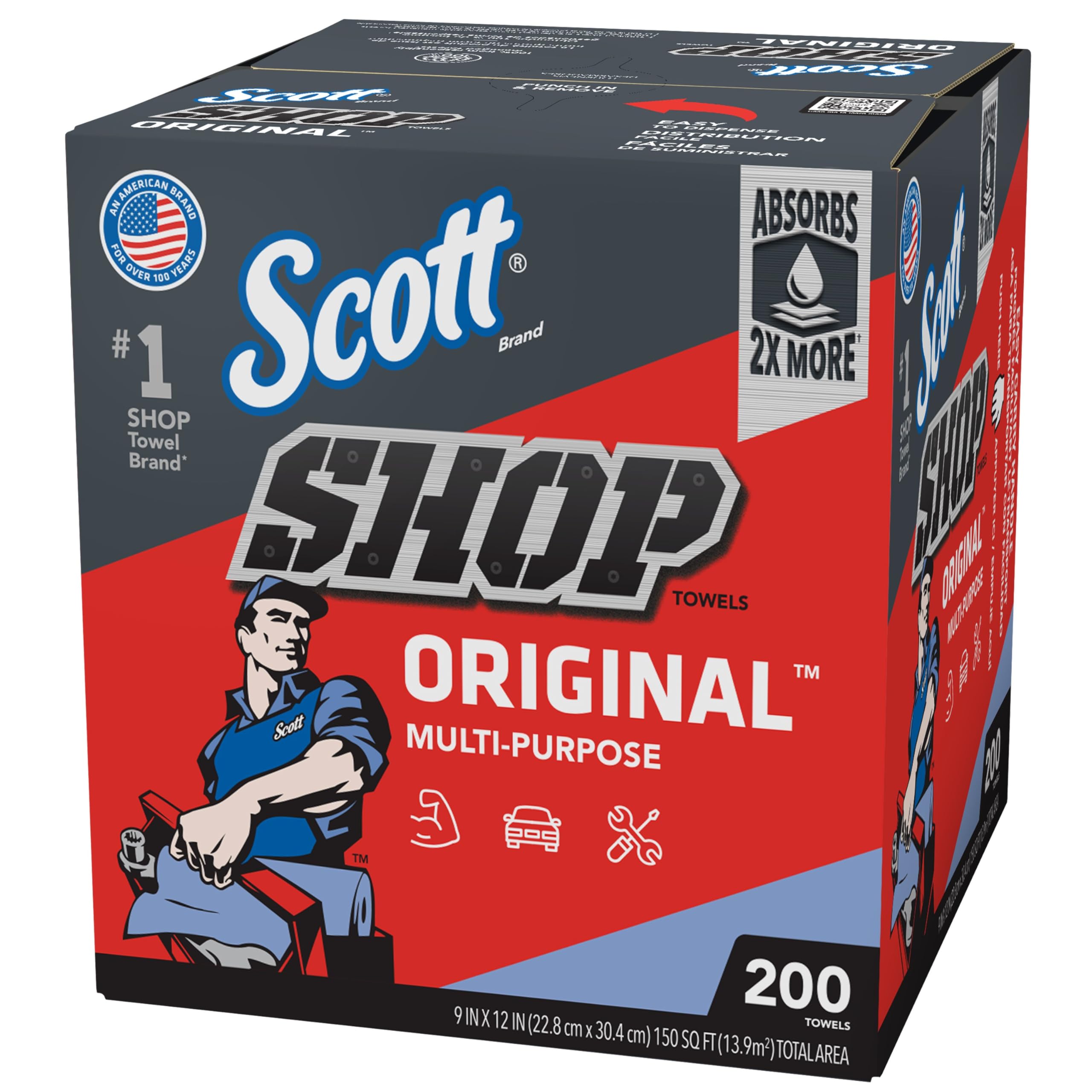 Scott blue shop towels in pop-up box designed for grease and spills in auto shops