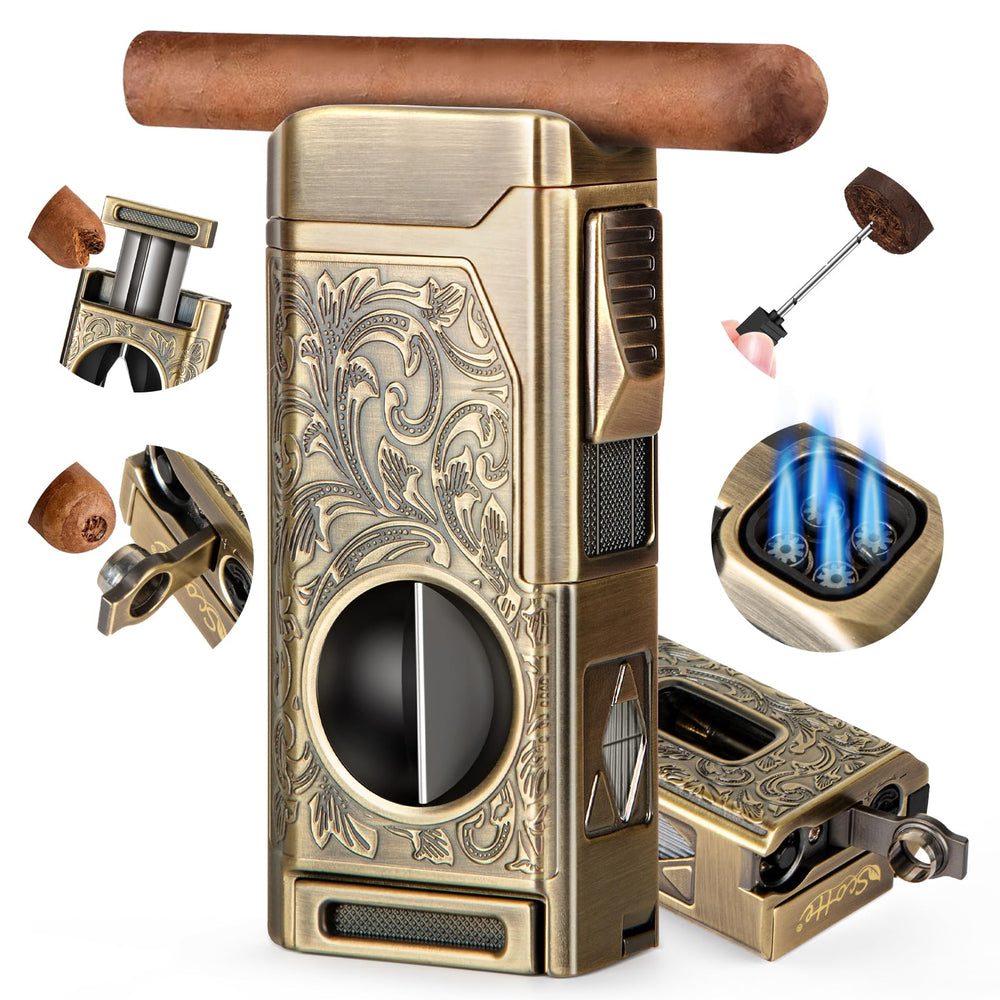 Scotte 4 jet flame lighter lighting a cigar outdoors with windproof flame