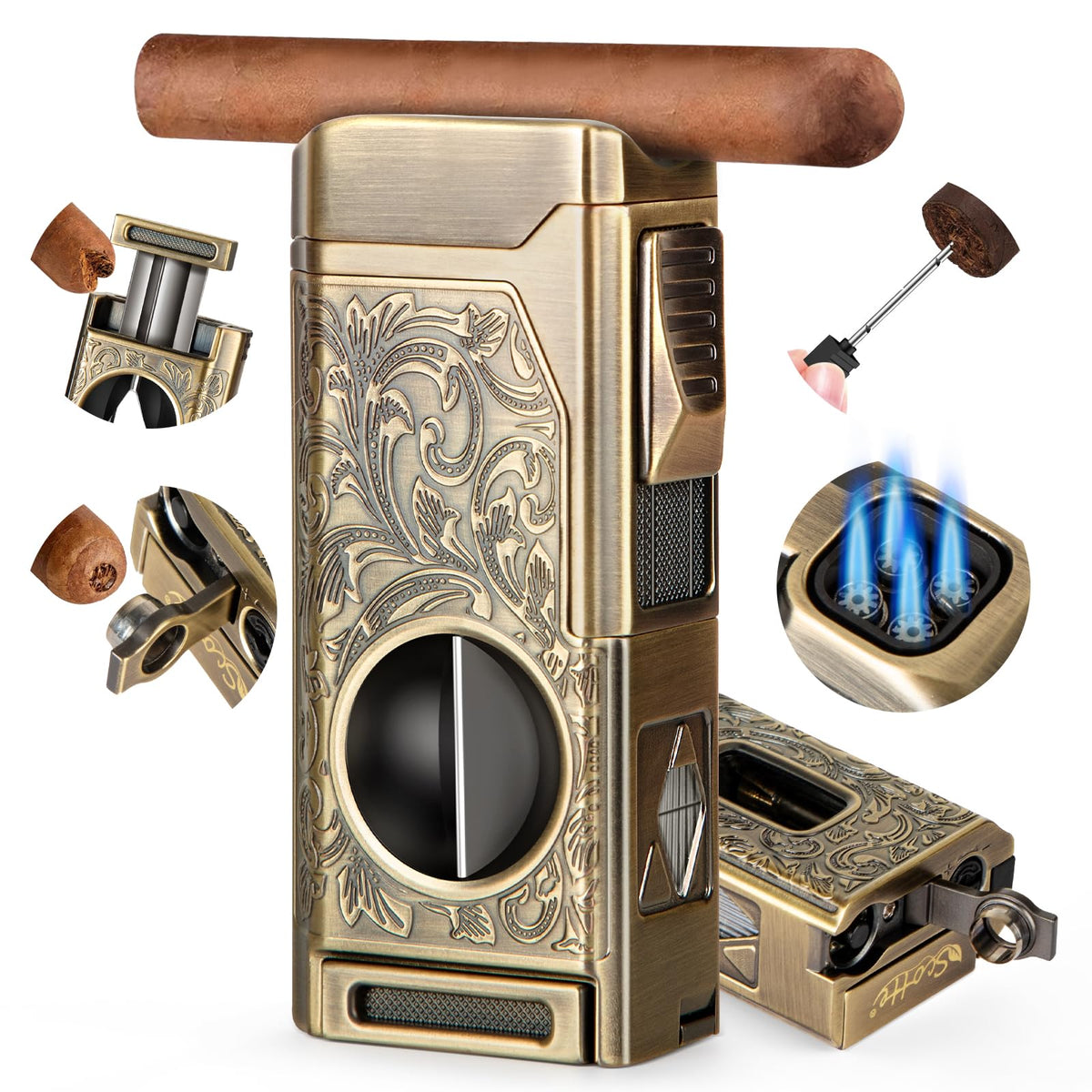 Scotte 4 jet flame lighter lighting a cigar outdoors with windproof flame