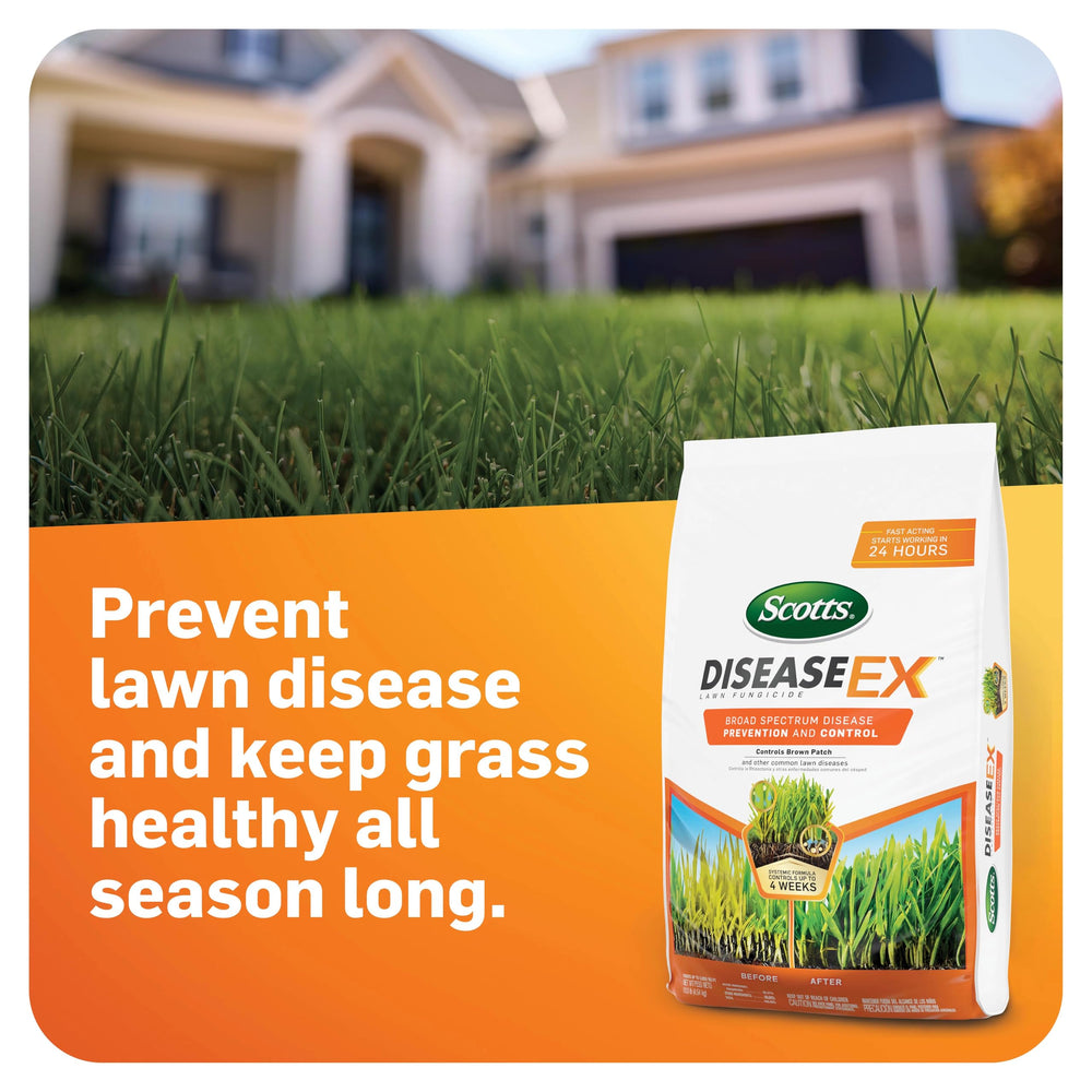 Scotts DiseaseEx bag showing coverage up to 5,000 sq ft for strong lawn health.