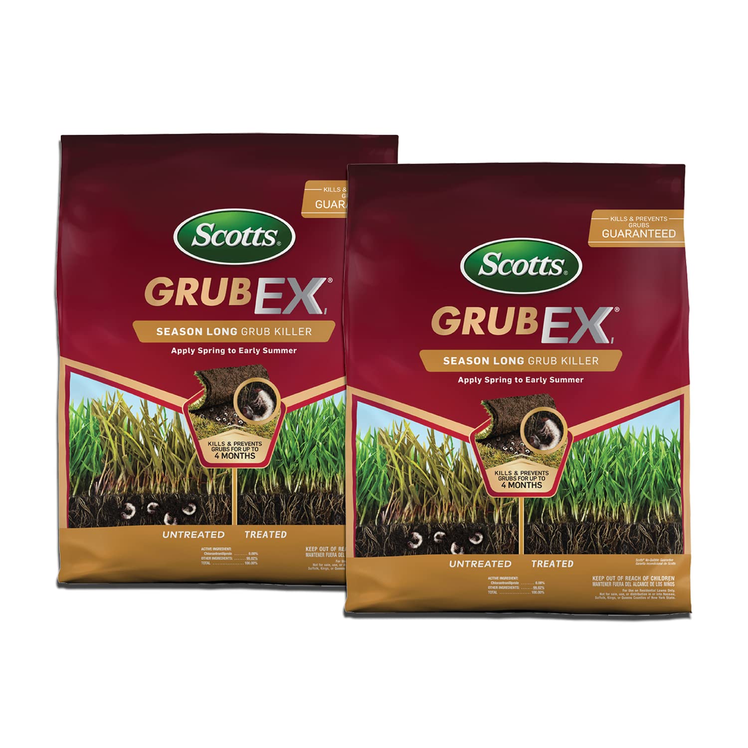 Scotts GrubEx1 bag beside a spreader ready for spring application to prevent grub damage.