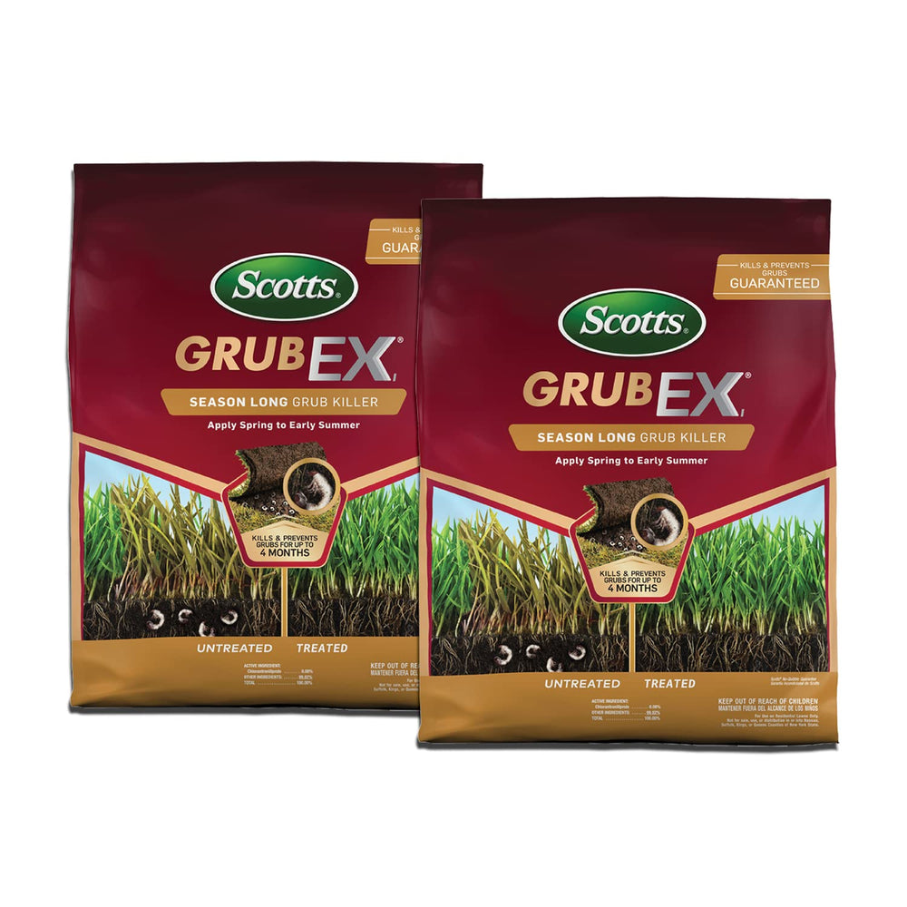 Scotts GrubEx1 bag beside a spreader ready for spring application to prevent grub damage.