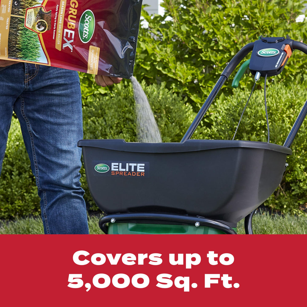 Scotts GrubEx1 spreader with broadcast settings for even coverage.