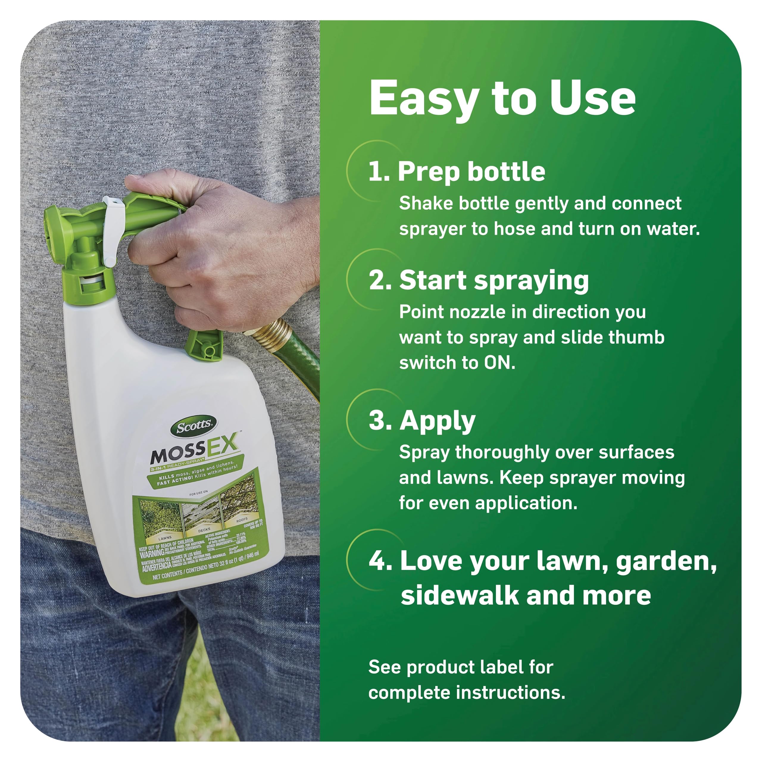 Scotts MossEx 3-in-1 Ready Spray covers up to 500 sq ft for efficient treatment.