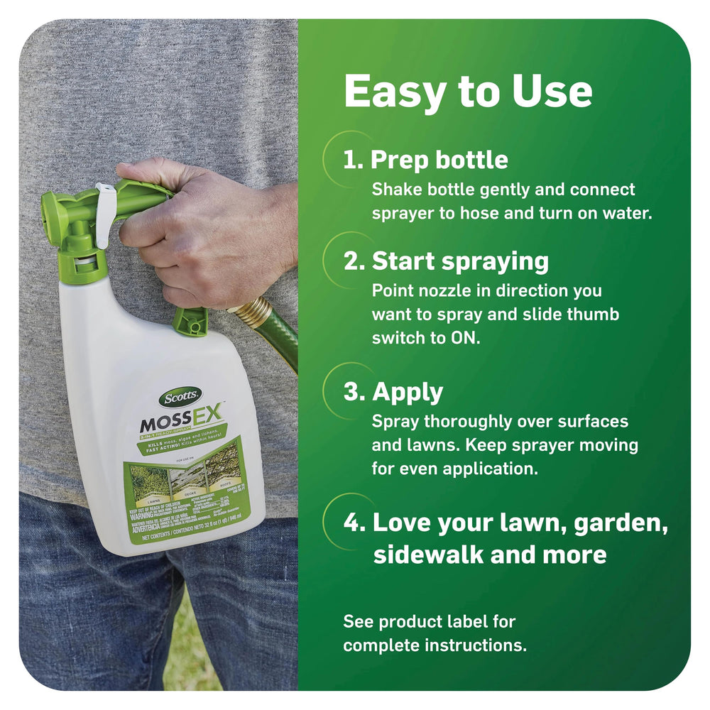Scotts MossEx 3-in-1 Ready Spray covers up to 500 sq ft for efficient treatment.