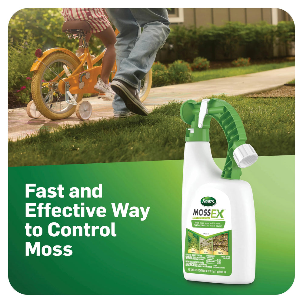 Scotts MossEx 3-in-1 Ready Spray fast-acting moss control on roofs.