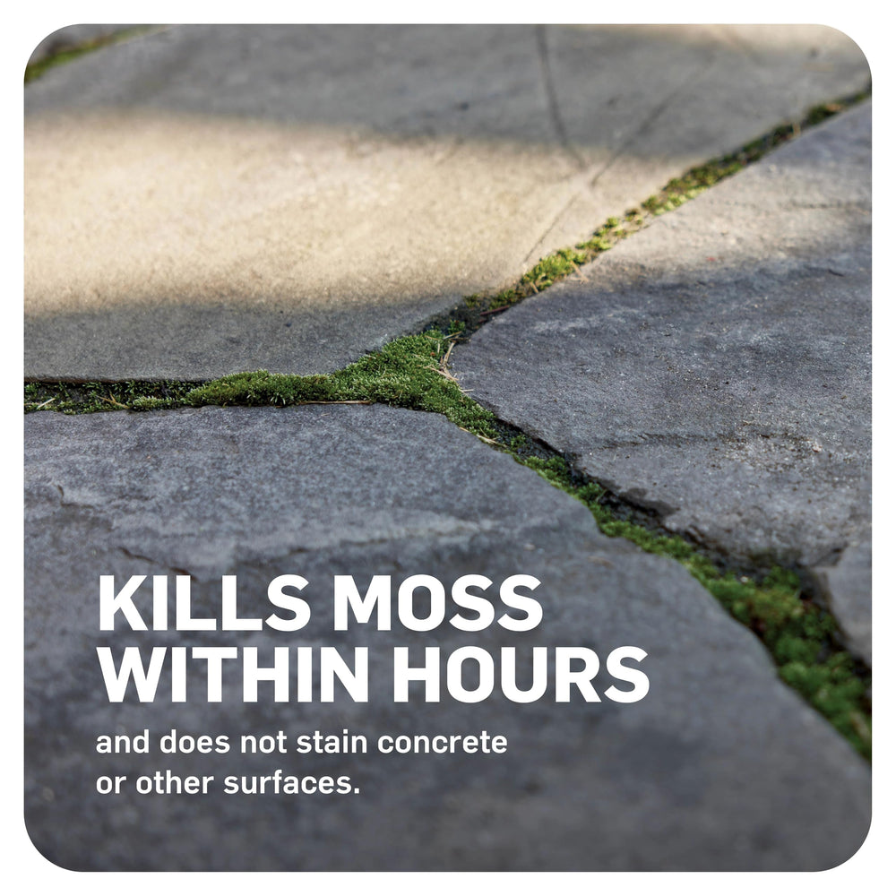 Scotts MossEx 3-in-1 Ready Spray kills moss, algae, lichens on sidewalks and patios.
