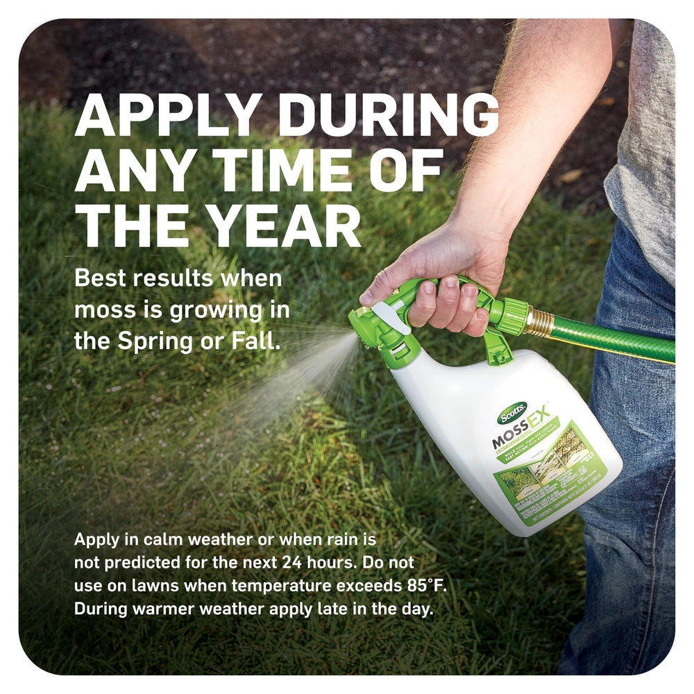 Scotts MossEx 3-in-1 Ready Spray uses a garden hose connection.