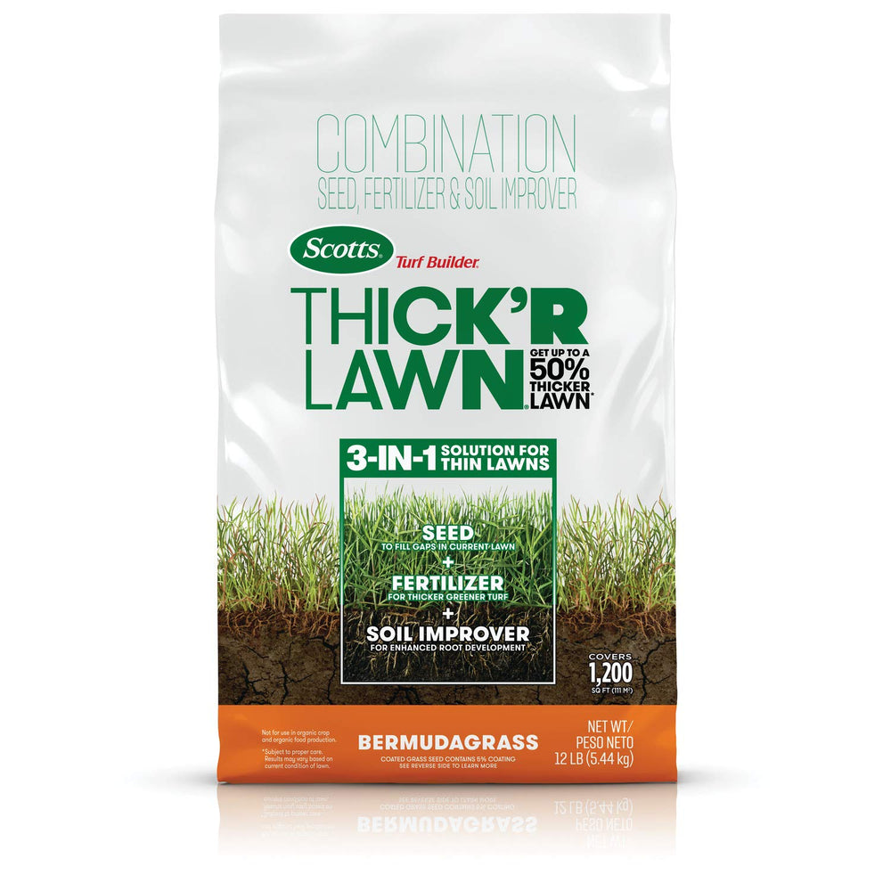 Scotts Thick'R Lawn Bermudagrass bag shows 12-lb coverage for up to 1,200 sq ft.