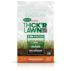 Scotts Thick'R Lawn Bermudagrass bag shows 12-lb coverage for up to 1,200 sq ft.