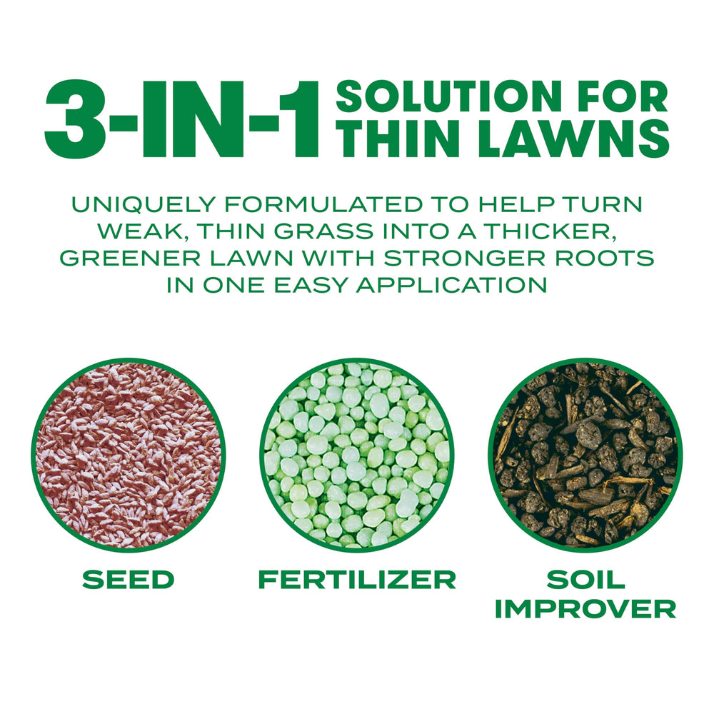 Scotts Thick'R Lawn fertilizer applying boosts rapid turf greening.